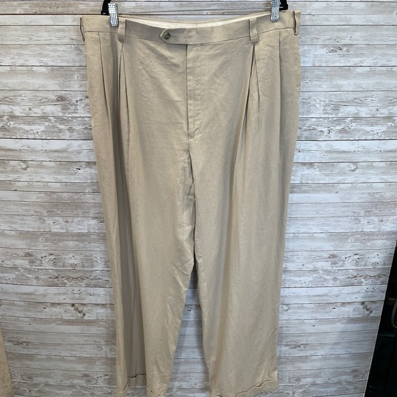 Sean John Other - Sean John Mens 42x32 Pants Beige Pleated Linen Blend Cuffed Dress Lightweight